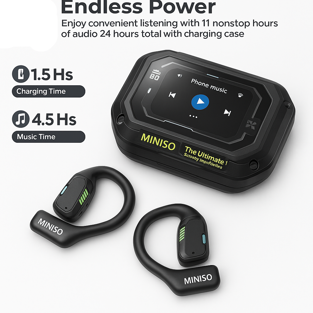 MINISO M98 PRO OPEN EAR BLUETOOTH EARBUDS - LED DISPLAY, SECURE EARHOOKS FOR SPORTS & WORK